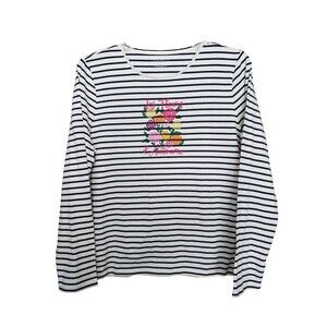 Talbots Cotton Blend Striped "Les Fleurs d'Automne" Flowers of Autumn T-Shirt XL